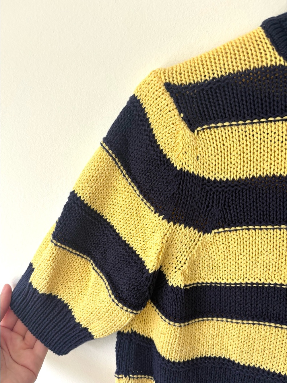 Pilcro Anthropologie Yellow Navy Blue Striped Short-Sleeve Mock-Neck Sweater - Picture 2 of 6